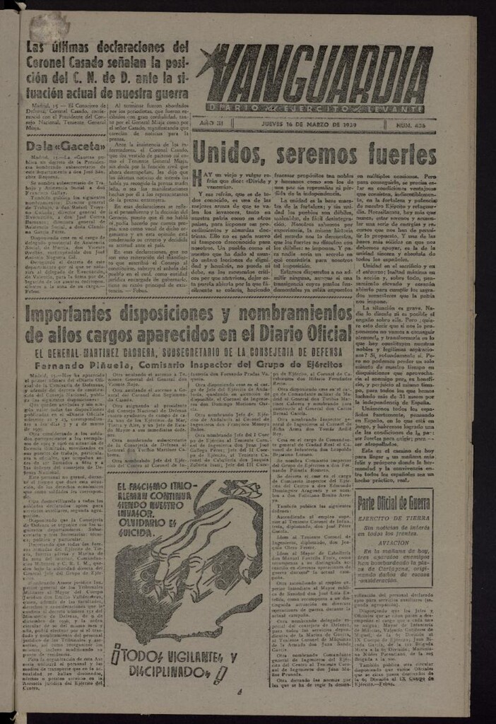 Miniatura de Vanguardia: Diario del Comisariado del Ejército de Levante del 16 de marzo de 1939, nº 436
