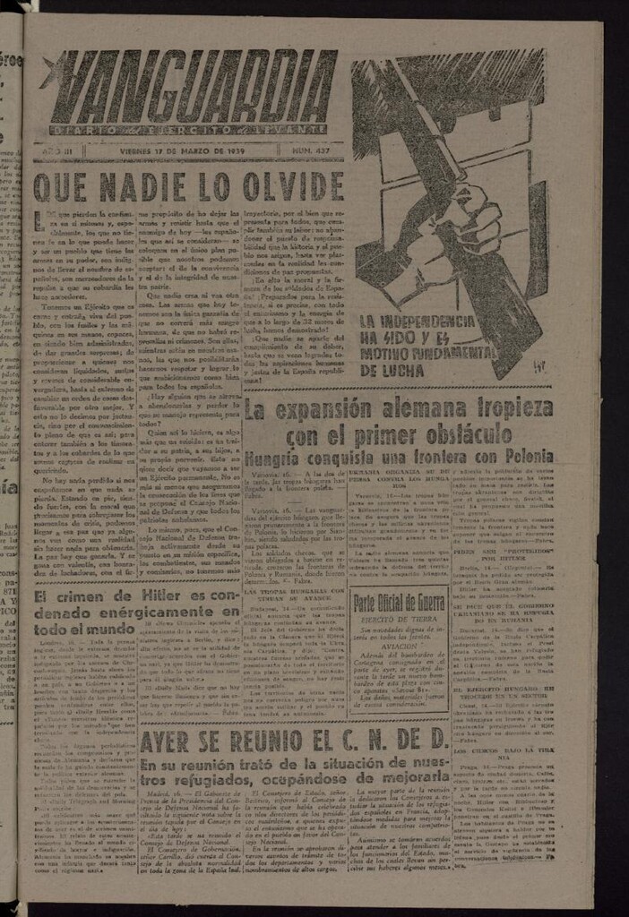 Miniatura de Vanguardia: Diario del Comisariado del Ejército de Levante del 17 de marzo de 1939, nº 437
