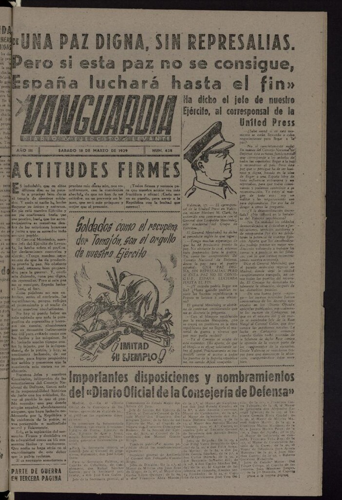 Miniatura de Vanguardia: Diario del Comisariado del Ejército de Levante del 18 de marzo de 1939, nº 438