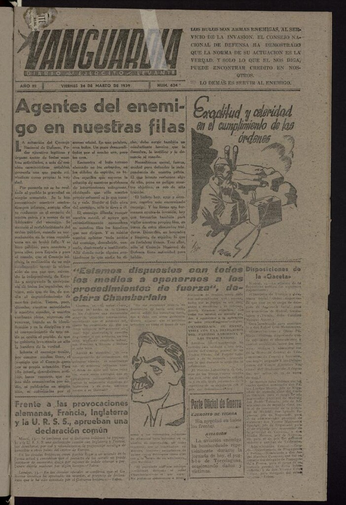 Miniatura de Vanguardia: Diario del Comisariado del Ejército de Levante del 24 de marzo de 1939, nº 434 [sic]