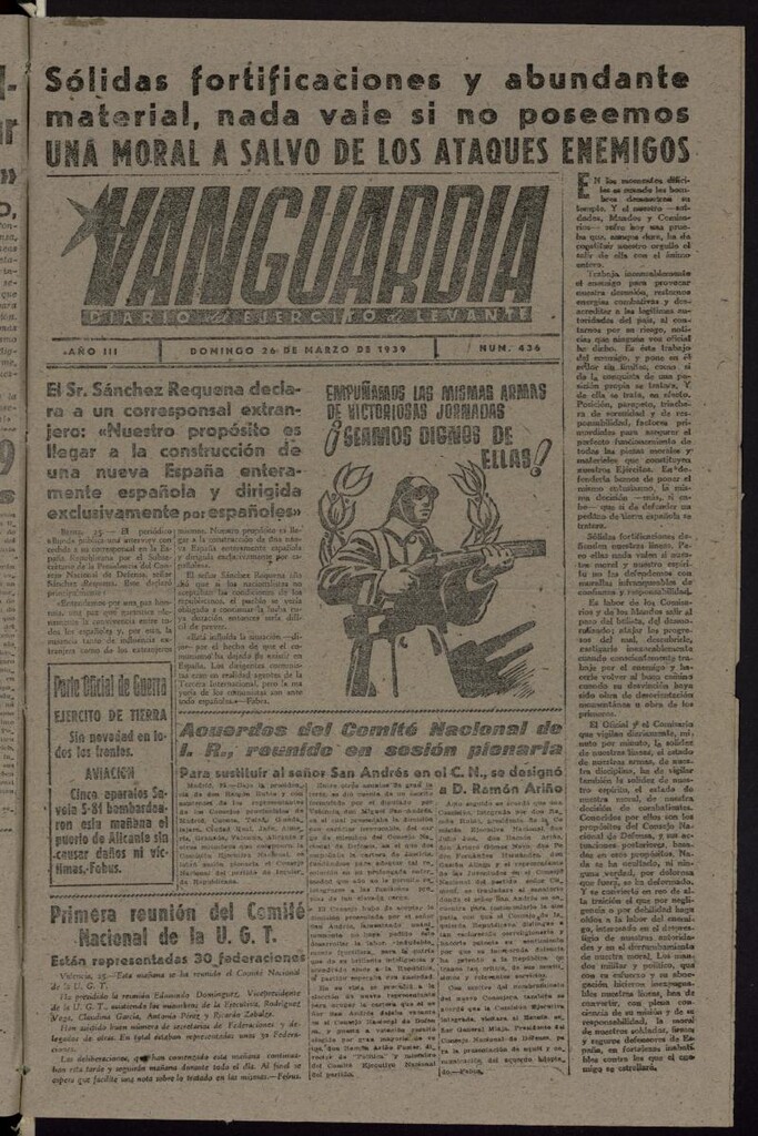 Miniatura de Vanguardia: Diario del Comisariado del Ejército de Levante del 26 de marzo de 1939, nº 436 [sic]
