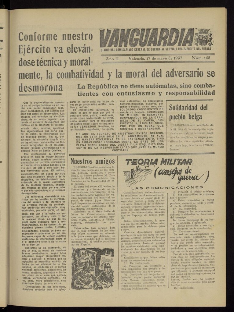 Miniatura de Vanguardia: Diario del Comisariado General de Guerra al servicio del ejército del pueblo del 17 de mayo de 1937, nº 148