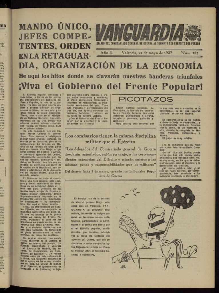 Miniatura de Vanguardia: Diario del Comisariado General de Guerra al servicio del ejército del pueblo del 21 de mayo de 1937, nº 152