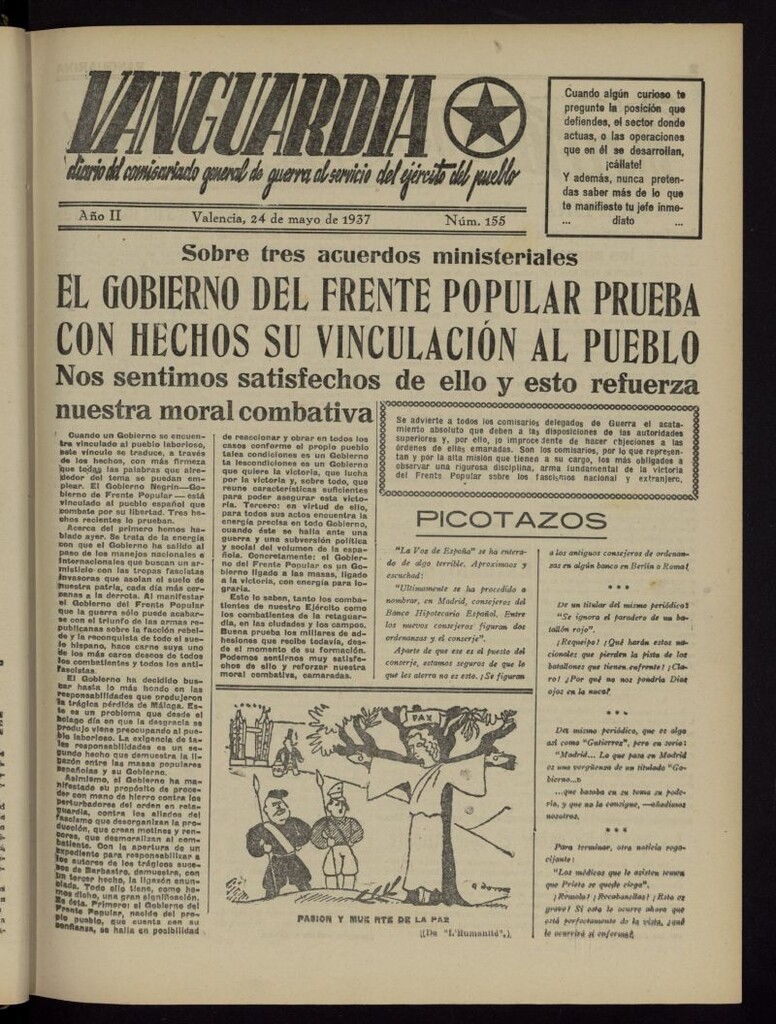 Miniatura de Vanguardia: Diario del Comisariado General de Guerra al servicio del ejército del pueblo del 24 de mayo de 1937, nº 155