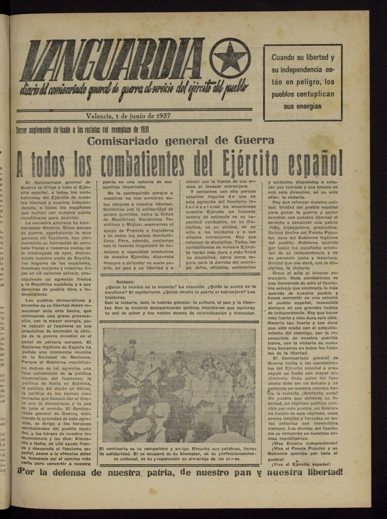 Miniatura de Vanguardia: Diario del Comisariado General de Guerra al servicio del ejército del pueblo del 1 de junio de 1937, suplemento