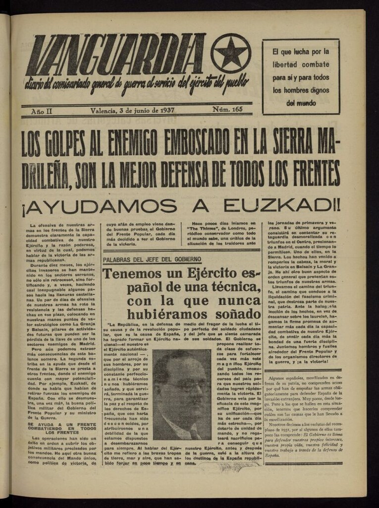 Miniatura de Vanguardia: Diario del Comisariado General de Guerra al servicio del ejército del pueblo del 3 de junio de 1937, nº 165