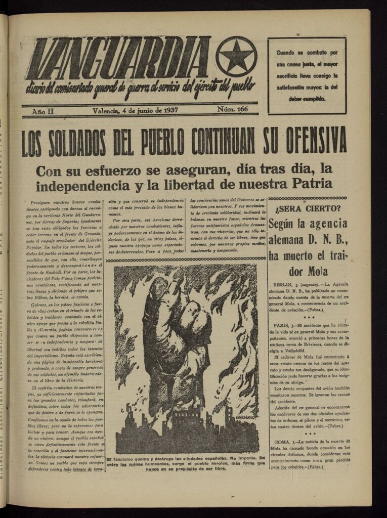 Miniatura de Vanguardia: Diario del Comisariado General de Guerra al servicio del ejército del pueblo del 4 de junio de 1937, nº 166
