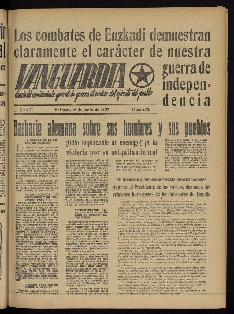 Miniatura de Vanguardia: Diario del Comisariado General de Guerra al servicio del ejército del pueblo del 16 de junio de 1937, nº 178