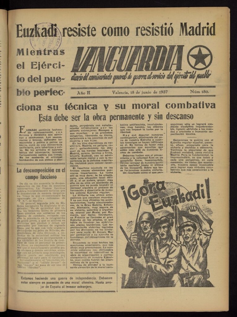Miniatura de Vanguardia: Diario del Comisariado General de Guerra al servicio del ejército del pueblo del 18 de junio de 1937, nº 180