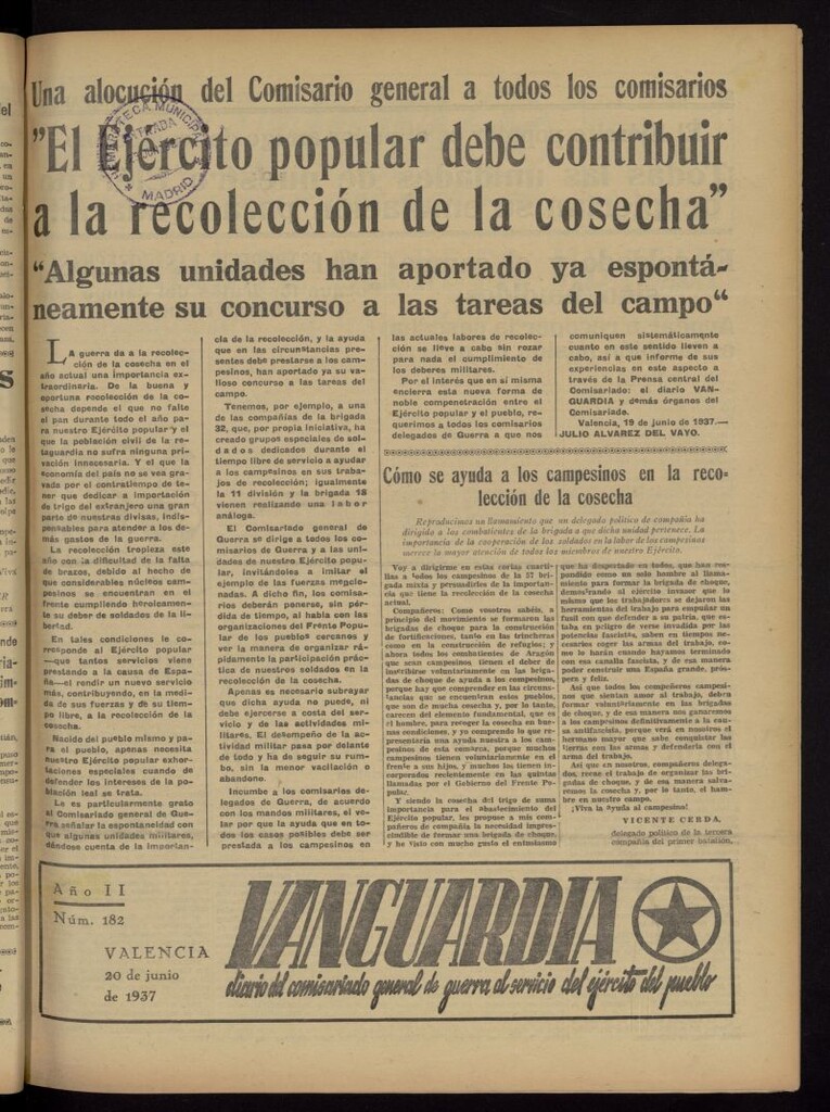 Miniatura de Vanguardia: Diario del Comisariado General de Guerra al servicio del ejército del pueblo del 20 de junio de 1937, nº 182