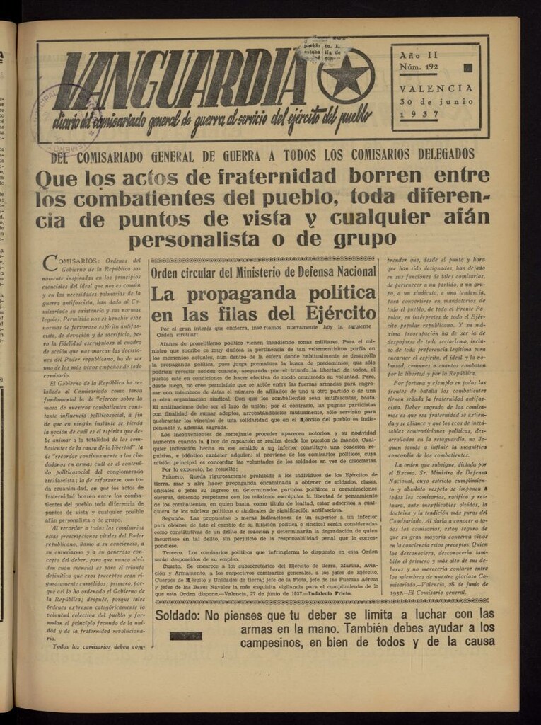 Miniatura de Vanguardia: Diario del Comisariado General de Guerra al servicio del ejército del pueblo del 30 de junio de 1937, nº 192