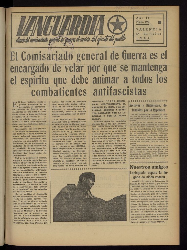Miniatura de Vanguardia: Diario del Comisariado General de Guerra al servicio del ejército del pueblo del 1 de julio de 1937, nº 193