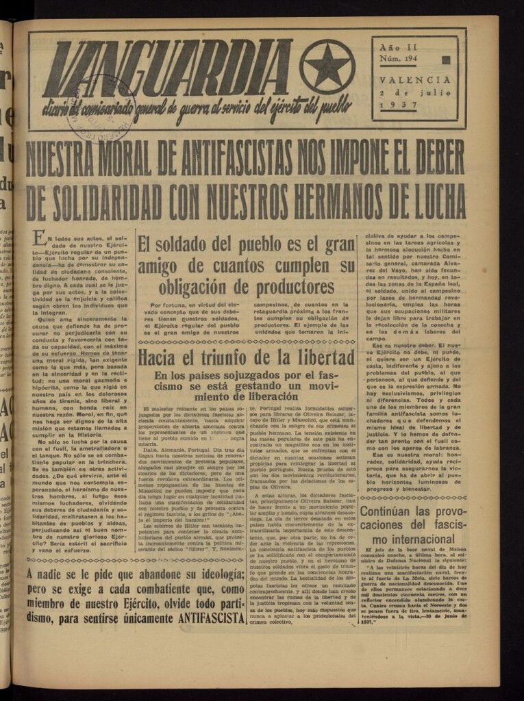 Miniatura de Vanguardia: Diario del Comisariado General de Guerra al servicio del ejército del pueblo del 2 de julio de 1937, nº 194