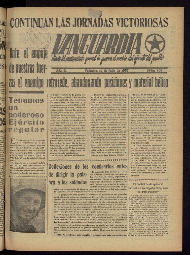 Miniatura de Vanguardia: Diario del Comisariado General de Guerra al servicio del ejército del pueblo del 12 de julio de 1937, nº 204