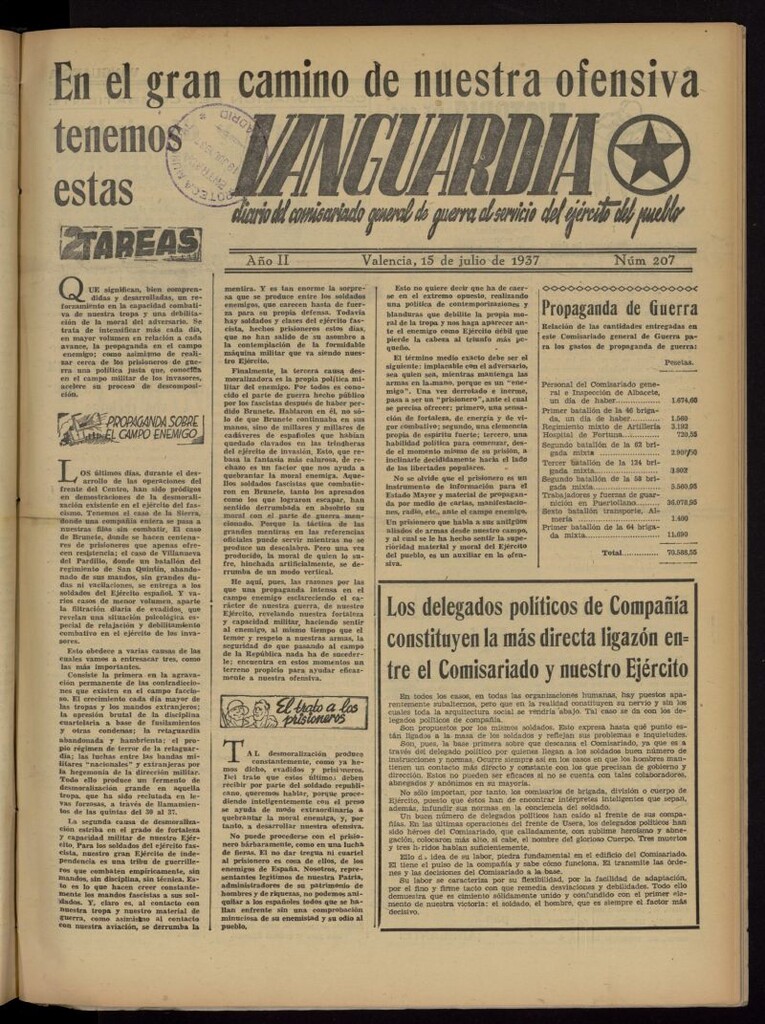 Miniatura de Vanguardia: Diario del Comisariado General de Guerra al servicio del ejército del pueblo del 15 de julio de 1937, nº 207