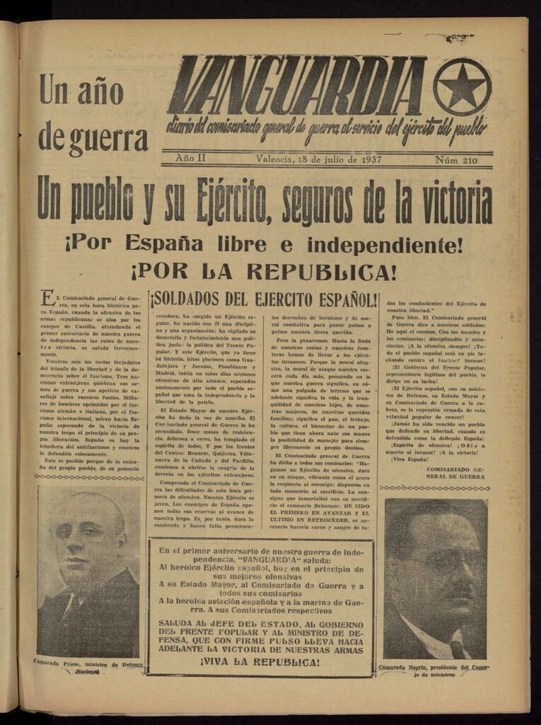 Miniatura de Vanguardia: Diario del Comisariado General de Guerra al servicio del ejército del pueblo del 18 de julio de 1937, nº 210