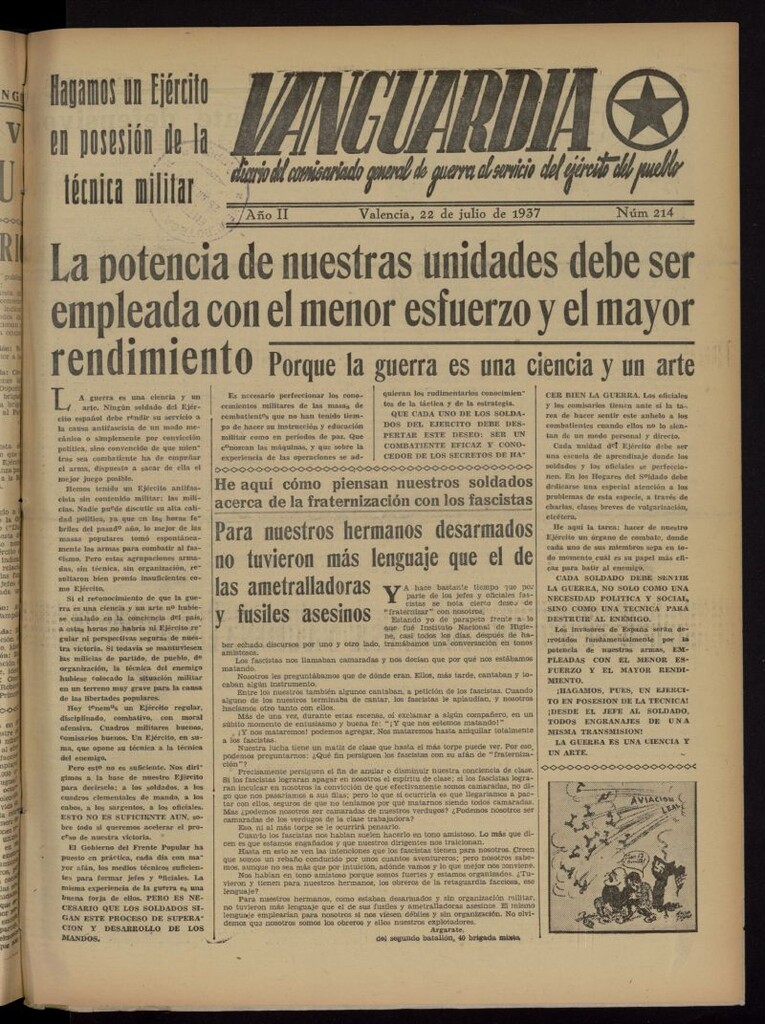 Miniatura de Vanguardia: Diario del Comisariado General de Guerra al servicio del ejército del pueblo del 22 de julio de 1937, nº 214
