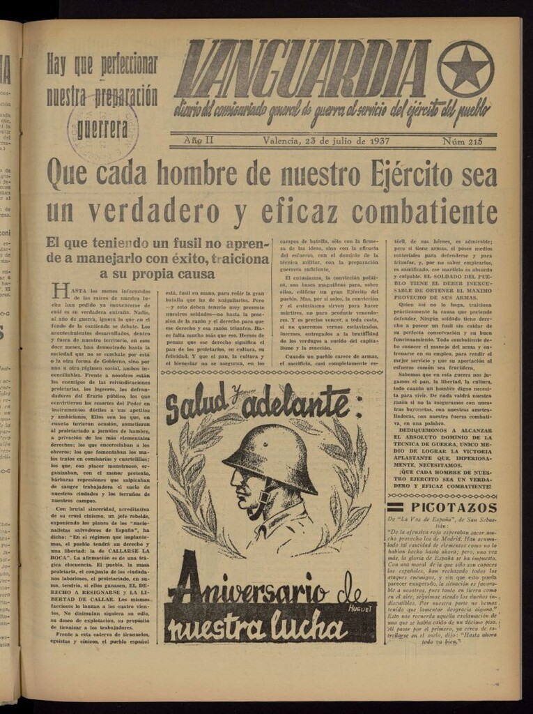 Miniatura de Vanguardia: Diario del Comisariado General de Guerra al servicio del ejército del pueblo del 23 de julio de 1937, nº 215