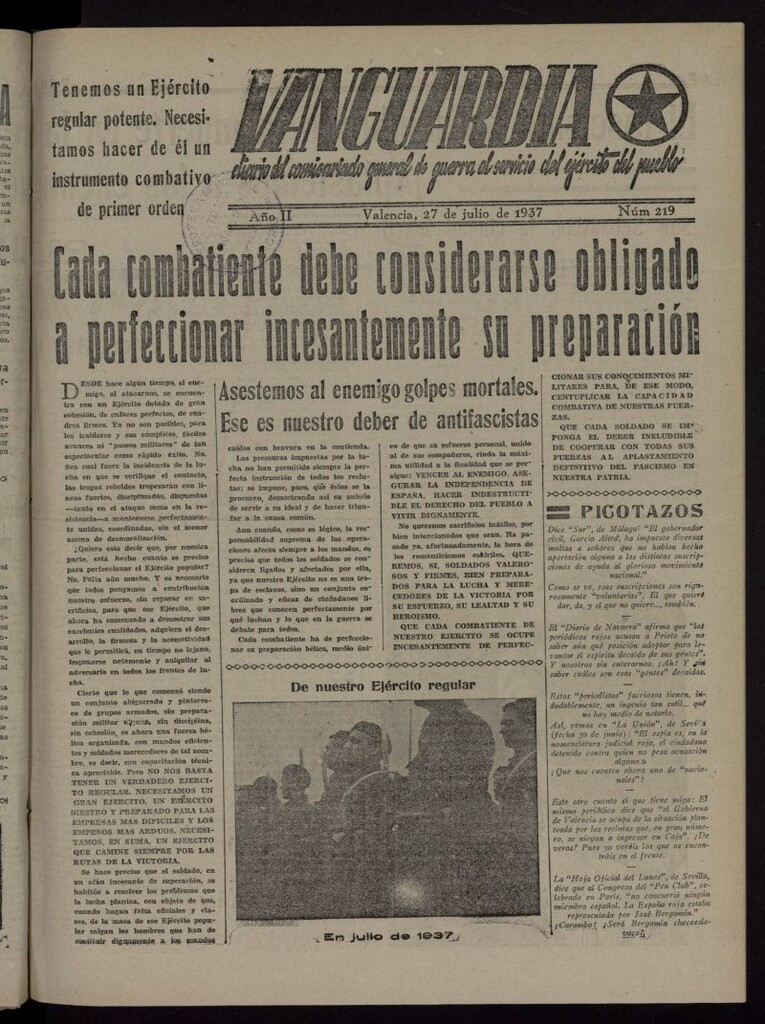 Miniatura de Vanguardia: Diario del Comisariado General de Guerra al servicio del ejército del pueblo del 27 de julio de 1937, nº 219