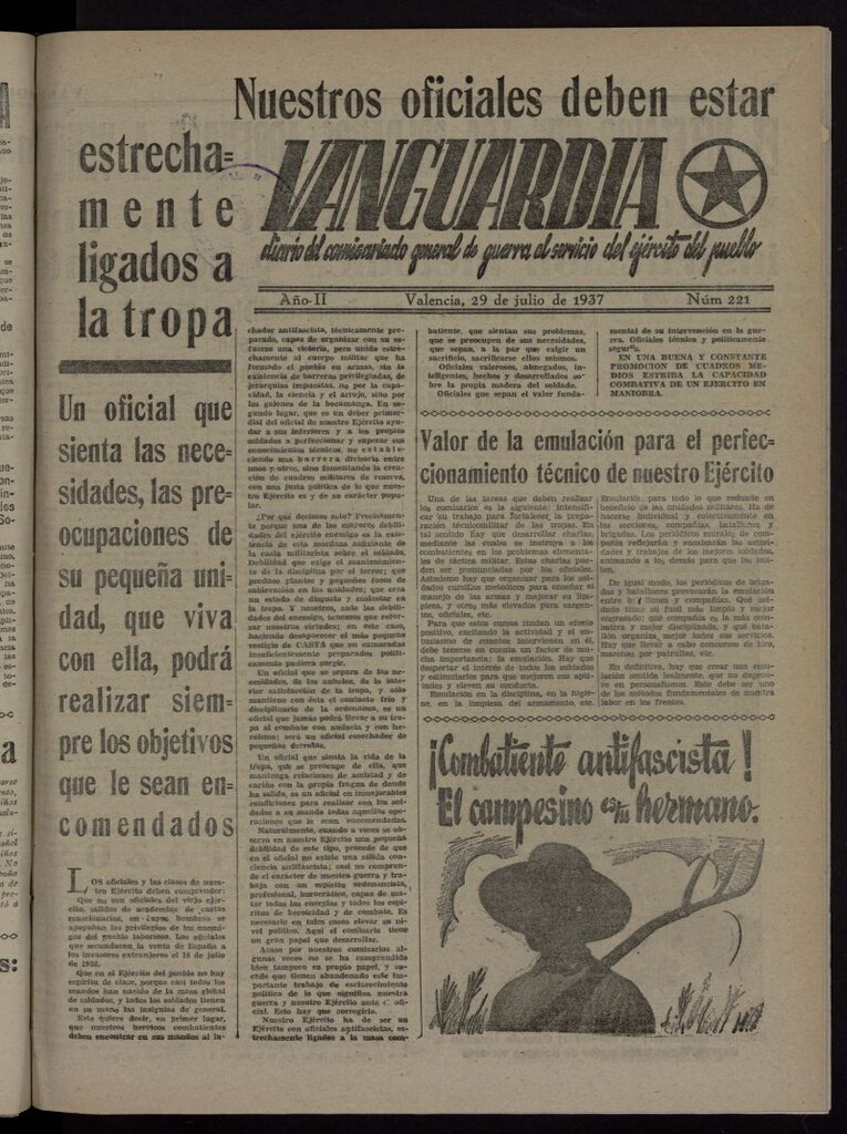 Miniatura de Vanguardia: Diario del Comisariado General de Guerra al servicio del ejército del pueblo del 29 de julio de 1937, nº 221