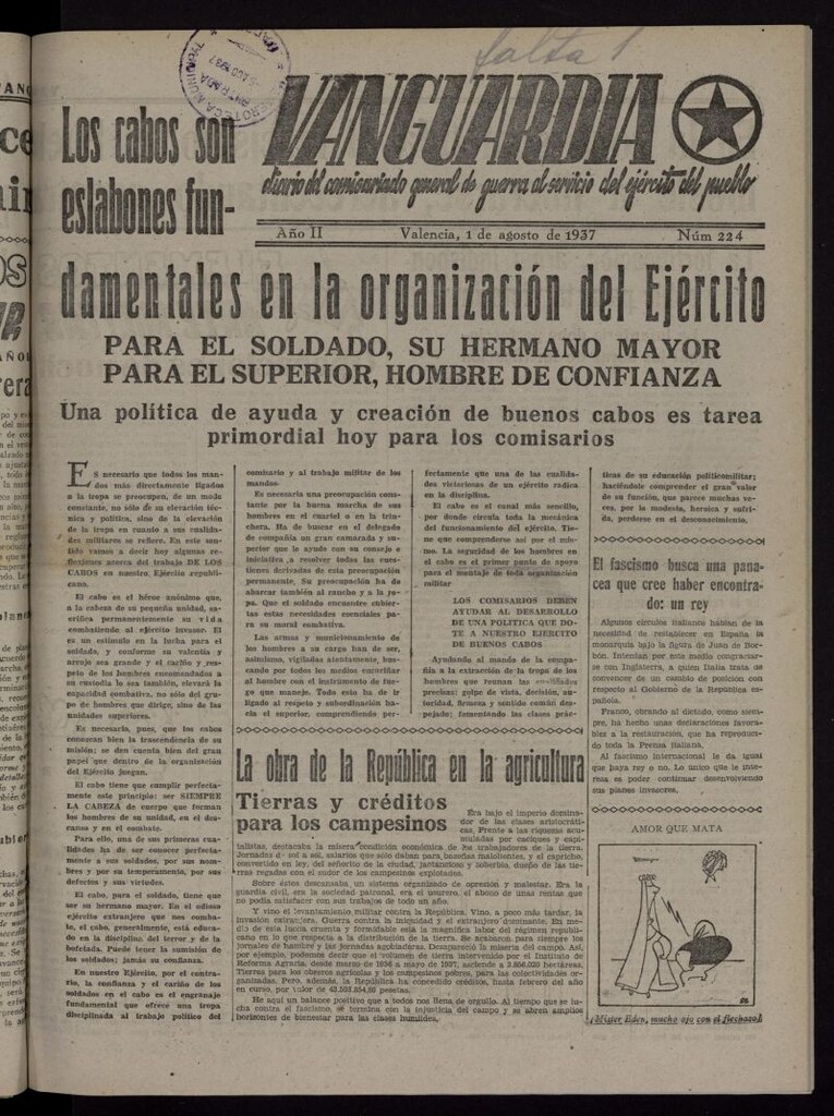 Miniatura de Vanguardia: Diario del Comisariado General de Guerra al servicio del ejército del pueblo del 1 de agosto de 1937, nº 224