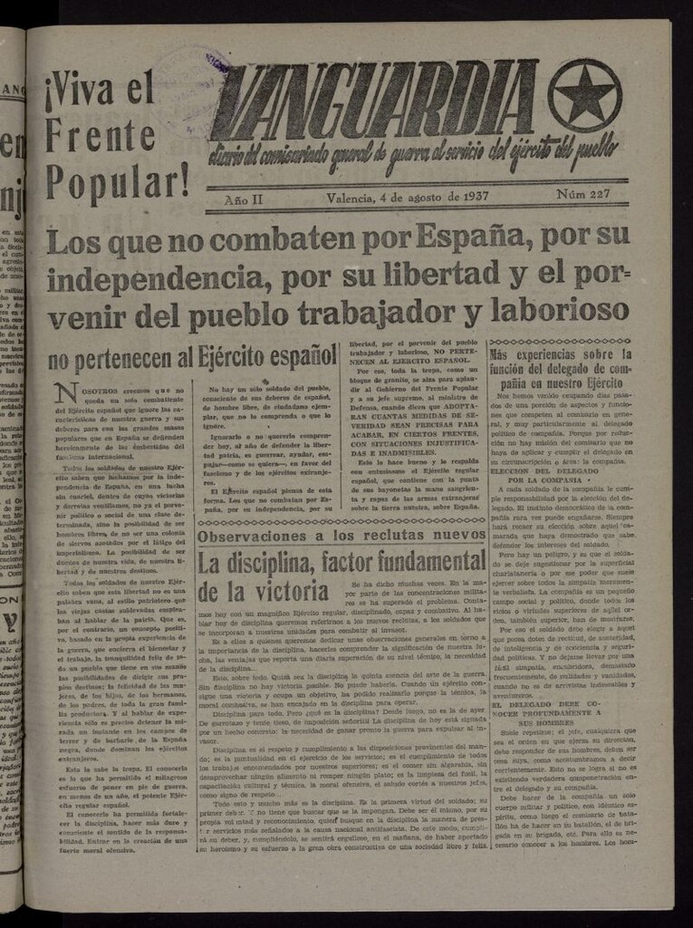 Miniatura de Vanguardia: Diario del Comisariado General de Guerra al servicio del ejército del pueblo del 4 de agosto de 1937, nº 227