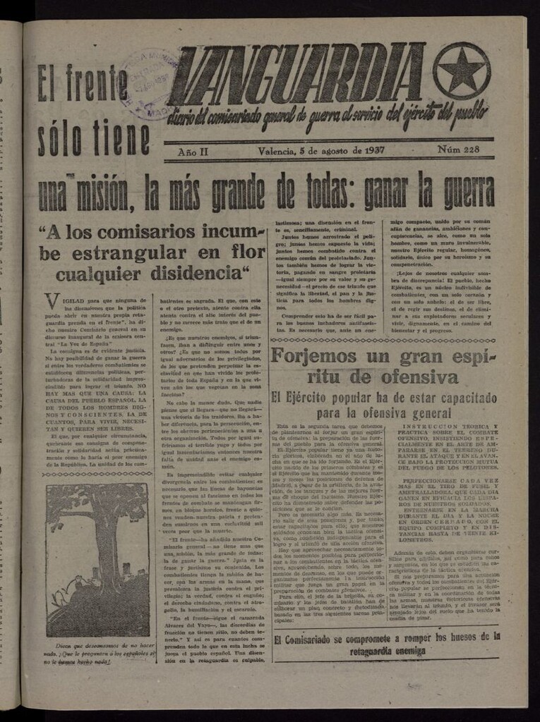 Miniatura de Vanguardia: Diario del Comisariado General de Guerra al servicio del ejército del pueblo del 5 de agosto de 1937, nº 228