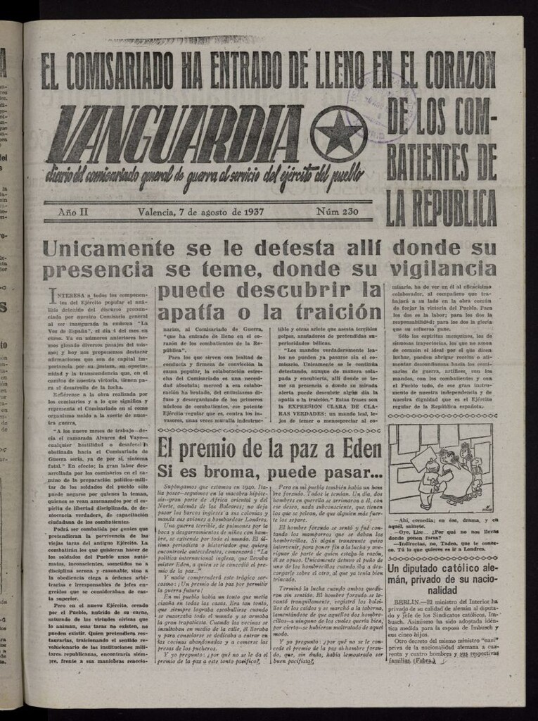 Miniatura de Vanguardia: Diario del Comisariado General de Guerra al servicio del ejército del pueblo del 7 de agosto de 1937, nº 230