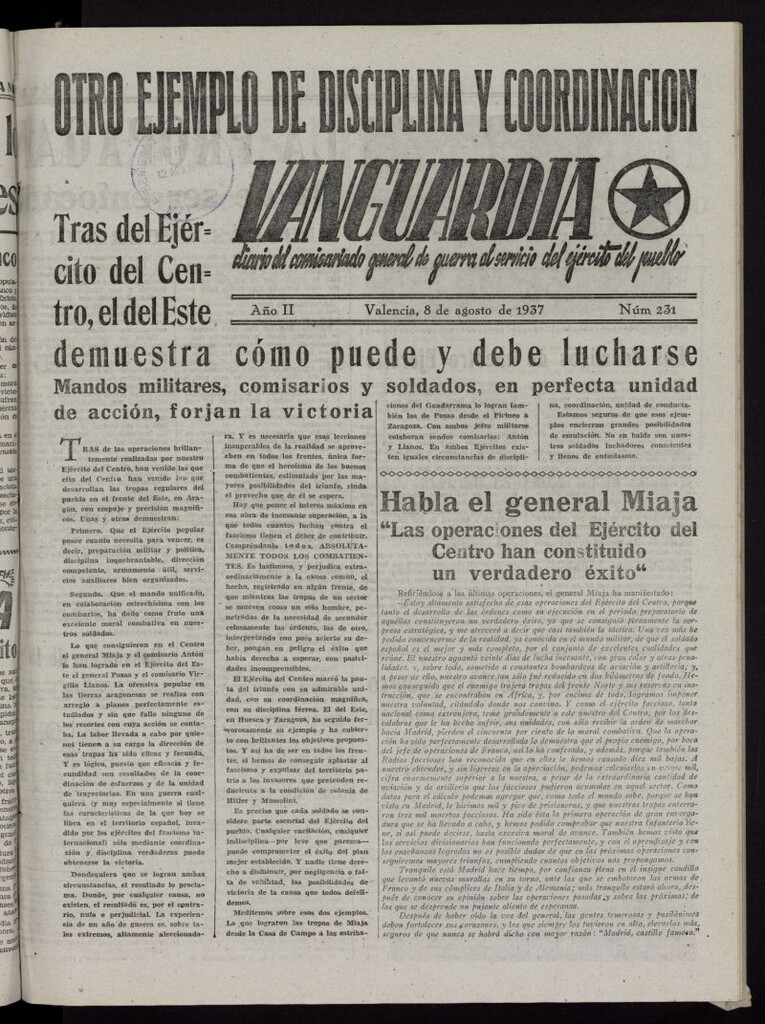 Miniatura de Vanguardia: Diario del Comisariado General de Guerra al servicio del ejército del pueblo del 8 de agosto de 1937, nº 231