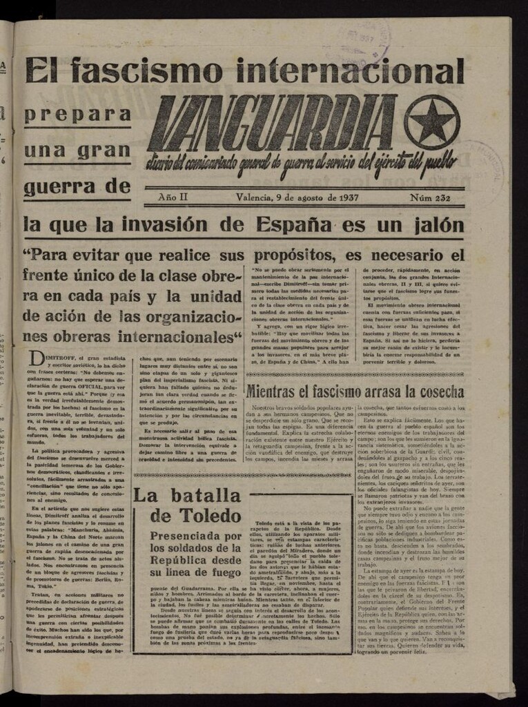 Miniatura de Vanguardia: Diario del Comisariado General de Guerra al servicio del ejército del pueblo del 9 de agosto de 1937, nº 232