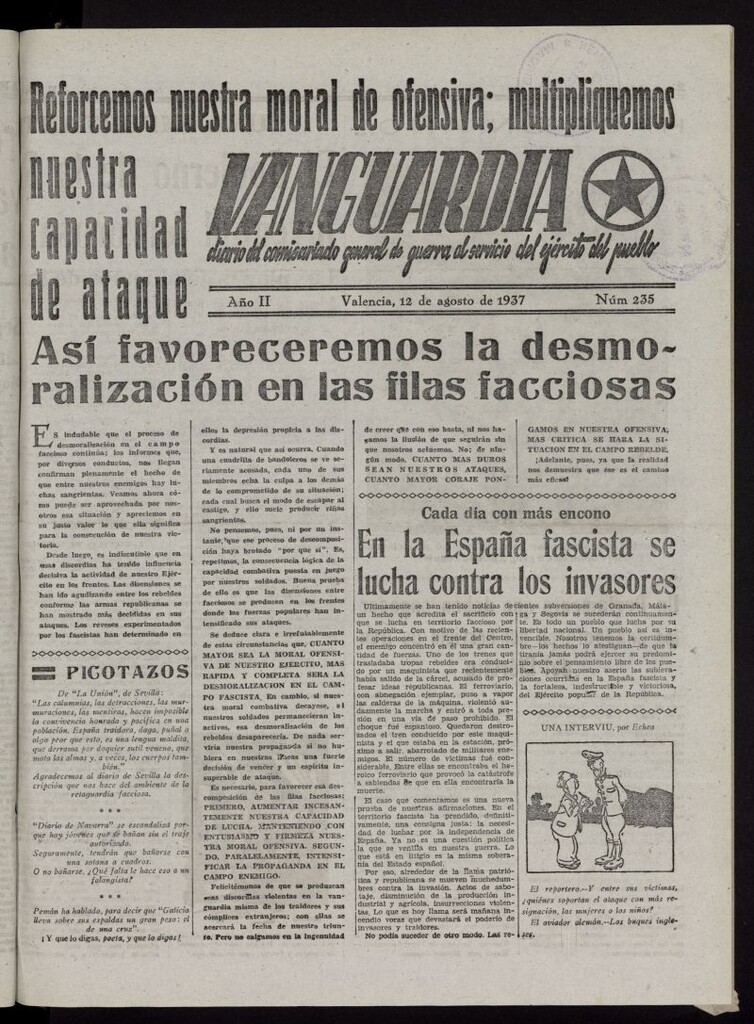 Miniatura de Vanguardia: Diario del Comisariado General de Guerra al servicio del ejército del pueblo del 12 de agosto de 1937, nº 235