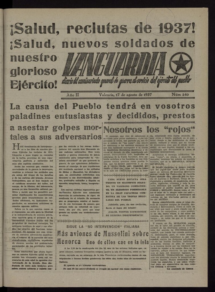 Miniatura de Vanguardia: Diario del Comisariado General de Guerra al servicio del ejército del pueblo del 17 de agosto de 1937, nº 240