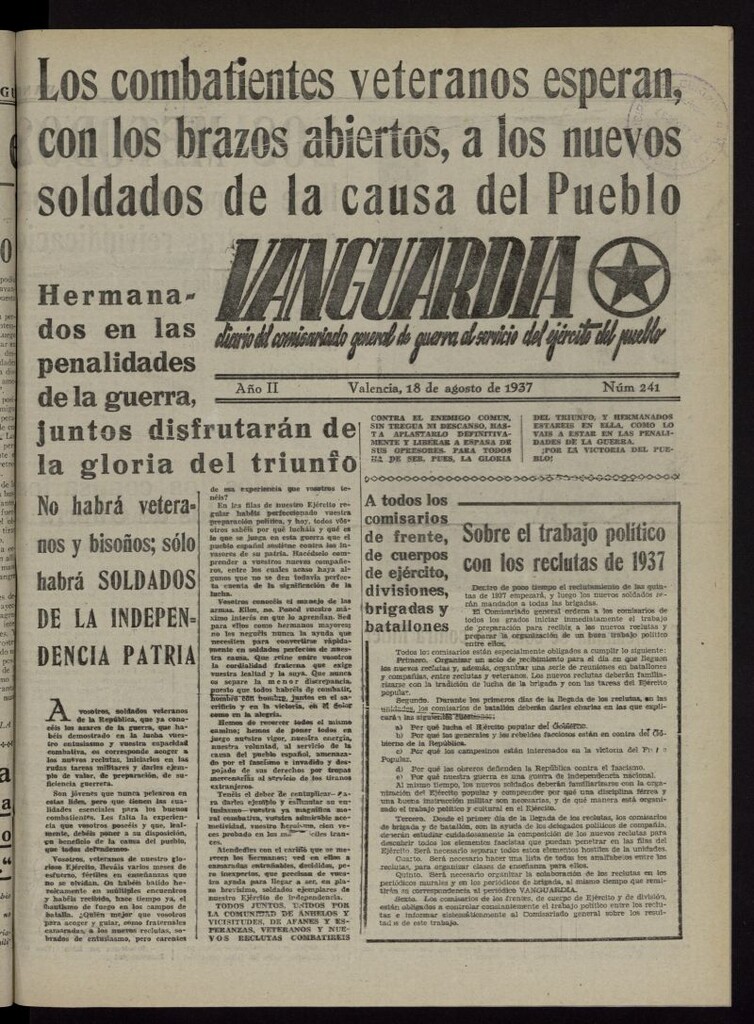Miniatura de Vanguardia: Diario del Comisariado General de Guerra al servicio del ejército del pueblo del 18 de agosto de 1937, nº 241