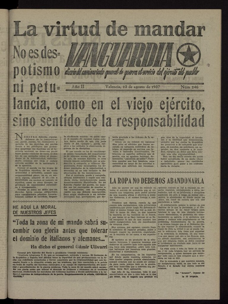 Miniatura de Vanguardia: Diario del Comisariado General de Guerra al servicio del ejército del pueblo del 23 de agosto de 1937, nº 246