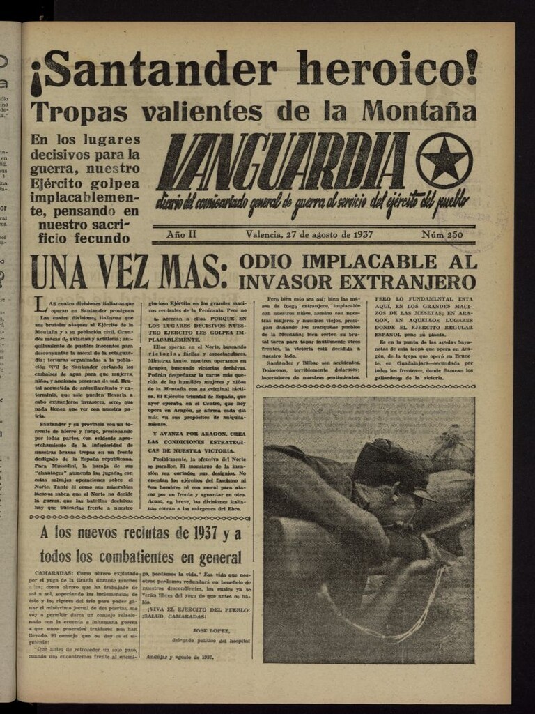 Miniatura de Vanguardia: Diario del Comisariado General de Guerra al servicio del ejército del pueblo del 27 de agosto de 1937, nº 250