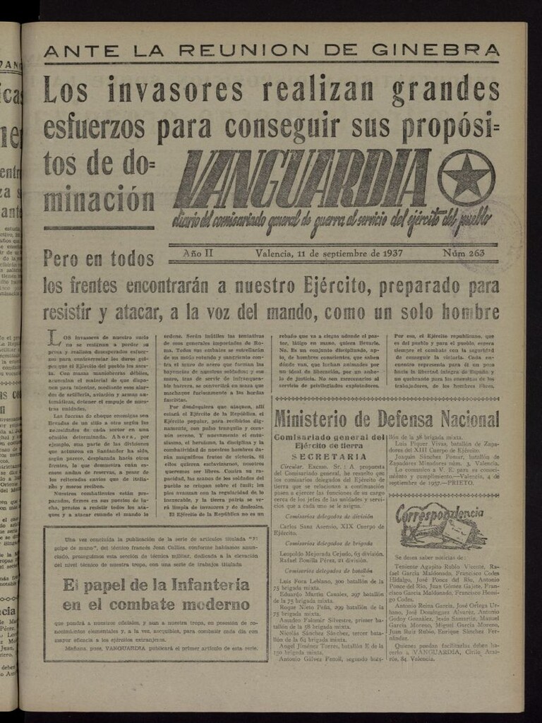 Miniatura de Vanguardia: Diario del Comisariado General de Guerra al servicio del ejército del pueblo del 11 de septiembre de 1937, nº 263