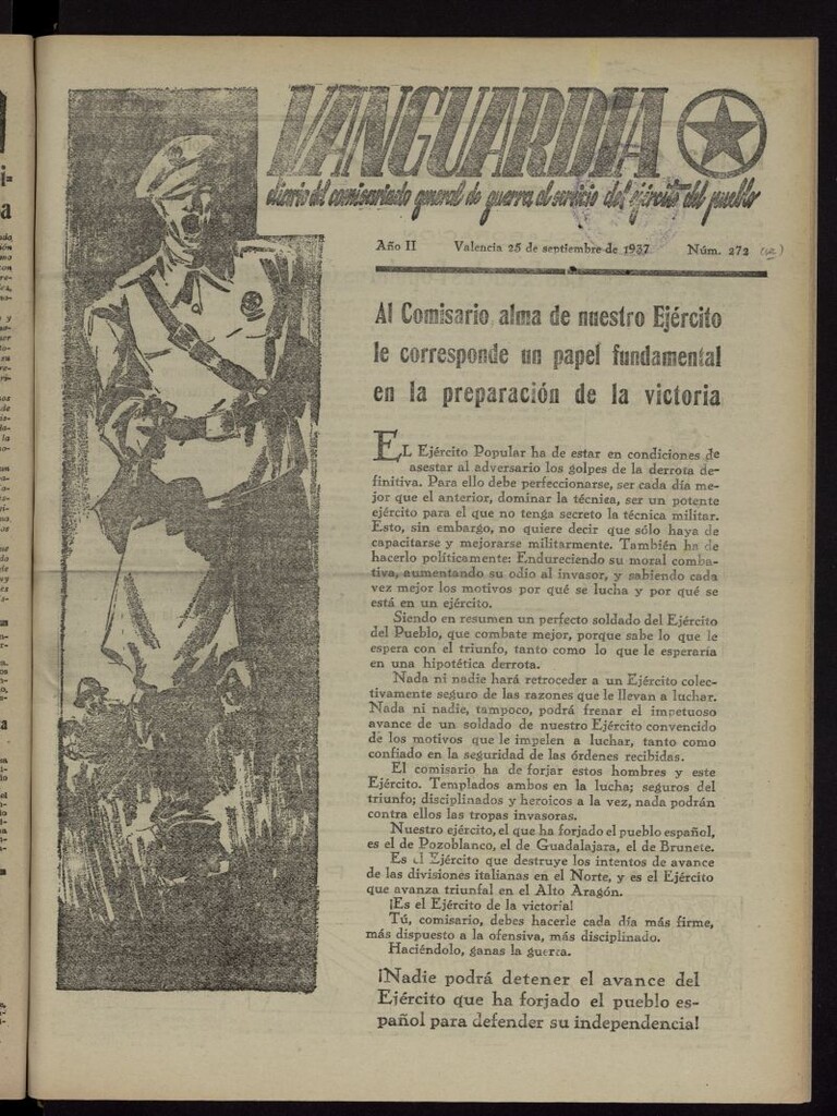 Miniatura de Vanguardia: Diario del Comisariado General de Guerra al servicio del ejército del pueblo del 25 de septiembre de 1937, nº 272 [sic]