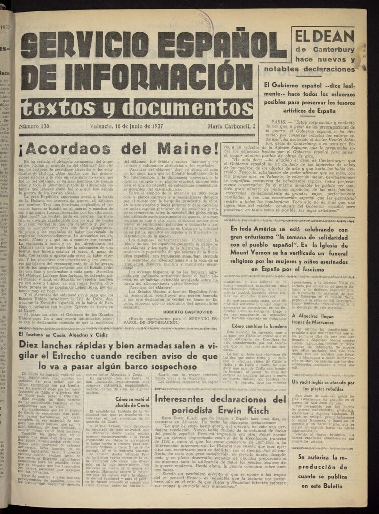 Miniatura de Servicio Español de Información : textos y documentos del 18 de junio de 1937, nº 138