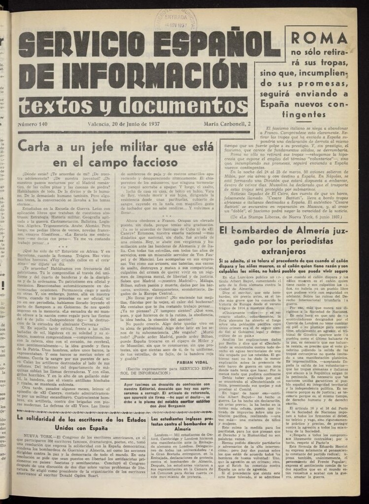 Miniatura de Servicio Español de Información : textos y documentos del 20 de junio de 1937, nº 140
