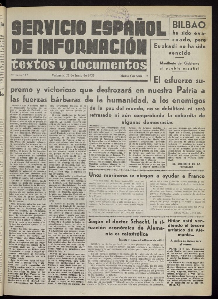 Miniatura de Servicio Español de Información : textos y documentos del 22 de junio de 1937, nº 142