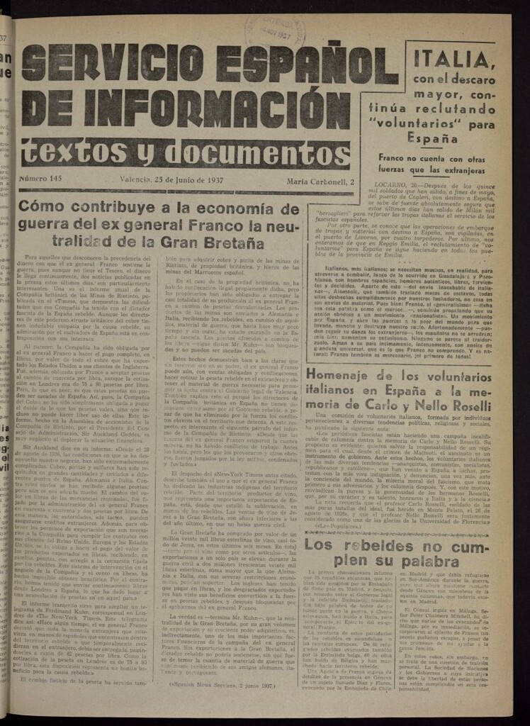 Miniatura de Servicio Español de Información : textos y documentos del 25 de junio de 1937, nº 145