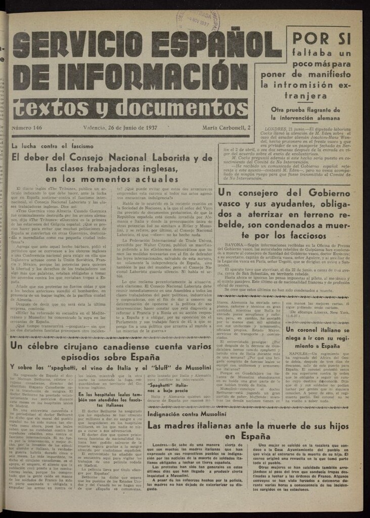 Miniatura de Servicio Español de Información : textos y documentos del 26 de junio de 1937, nº 146