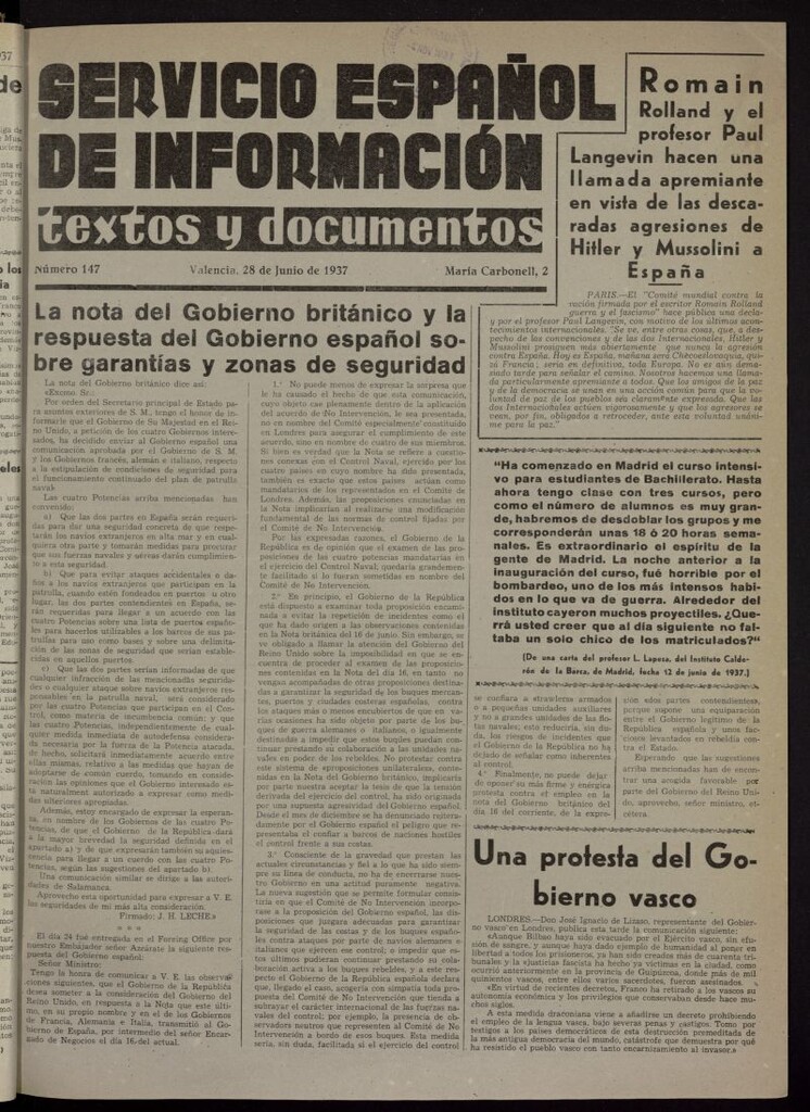 Miniatura de Servicio Español de Información : textos y documentos del 28 de junio de 1937, nº 147