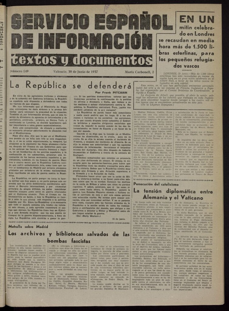 Miniatura de Servicio Español de Información : textos y documentos del 30 de junio de 1937, nº 149