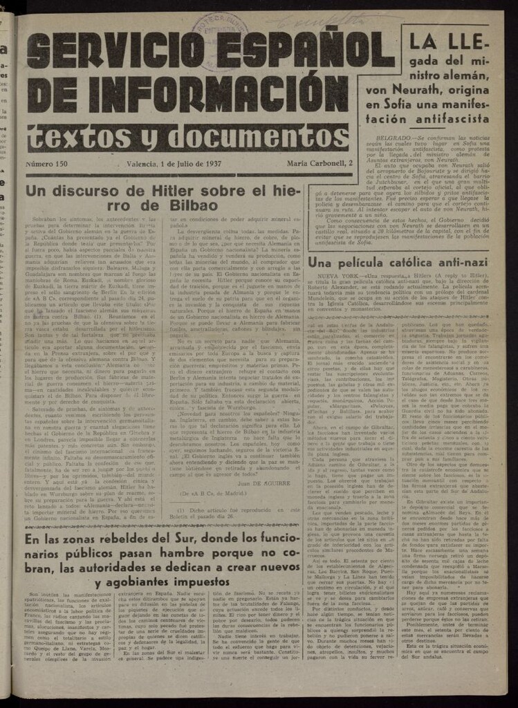 Miniatura de Servicio Español de Información : textos y documentos del 1 de julio de 1937, nº 150