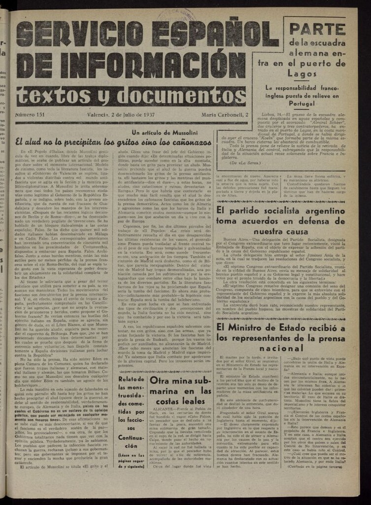 Miniatura de Servicio Español de Información : textos y documentos del 2 de julio de 1937, nº 151