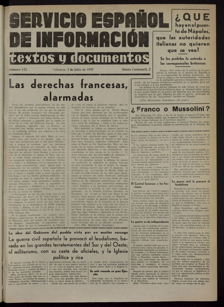 Miniatura de Servicio Español de Información : textos y documentos del 3 de julio de 1937, nº 152