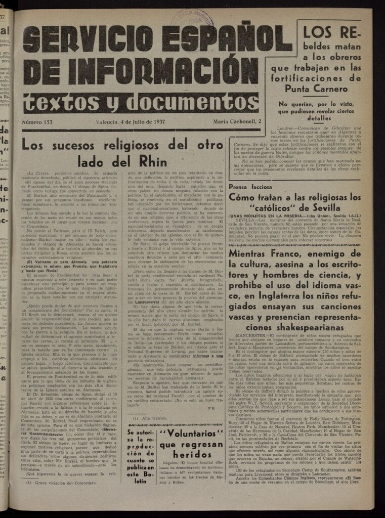 Miniatura de Servicio Español de Información : textos y documentos del 4 de julio de 1937, nº 153