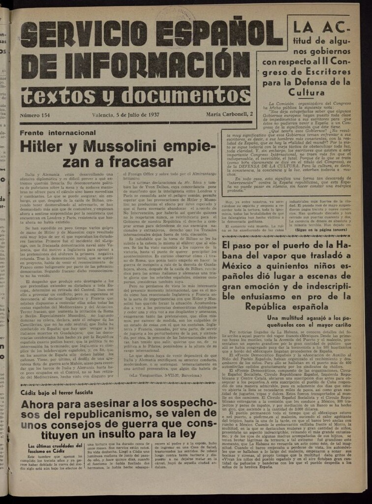 Miniatura de Servicio Español de Información : textos y documentos del 5 de julio de 1937, nº 154