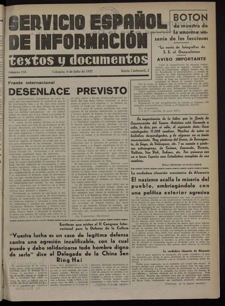 Miniatura de Servicio Español de Información : textos y documentos del 6 de julio de 1937, nº 155